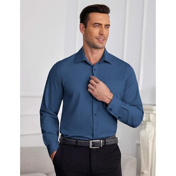 Men Blue Shirts Wrinkle Free Long Sleeve Button Down Shirt Formal Dress Shirt - Picture 2 of 6